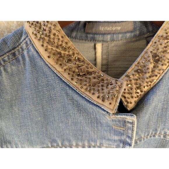 Liz Claiborne 100% Cotton Blue‎ Denim Brown Sequined Jacket Sz L - Picture 3 of 11